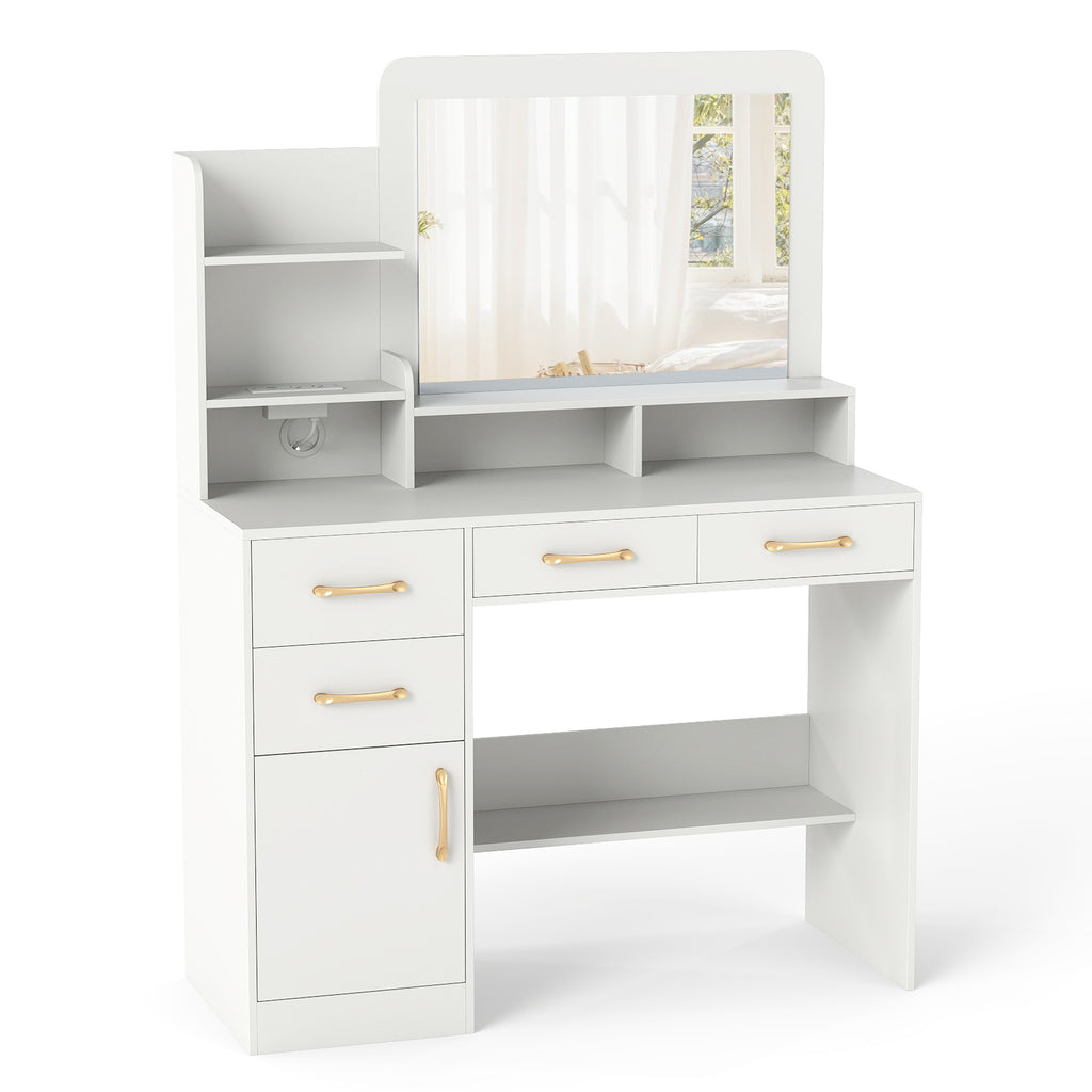 39.5 Inch Vanity Desk with Power Outlets & Mirror - White Variation