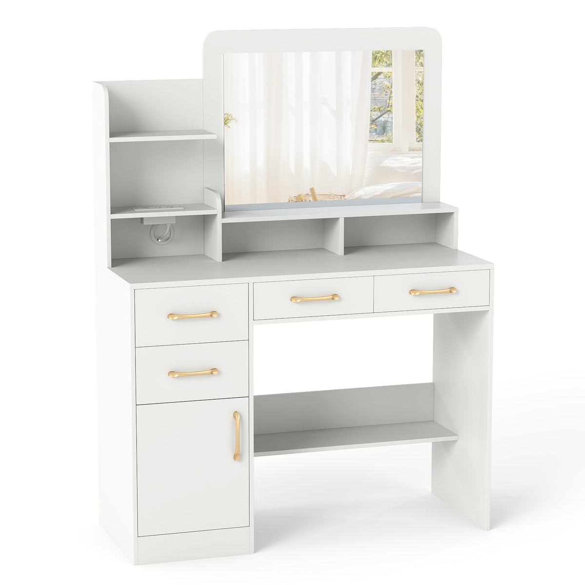 39.5 Inch Vanity Desk with Power Outlets & Mirror - White Variation