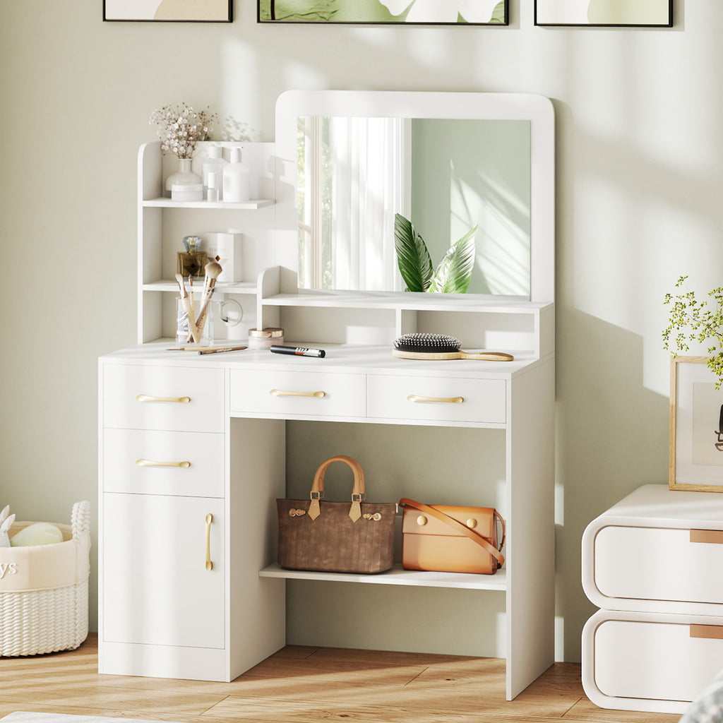39.5 Inch Vanity Desk with Power Outlets & Mirror - White Variation