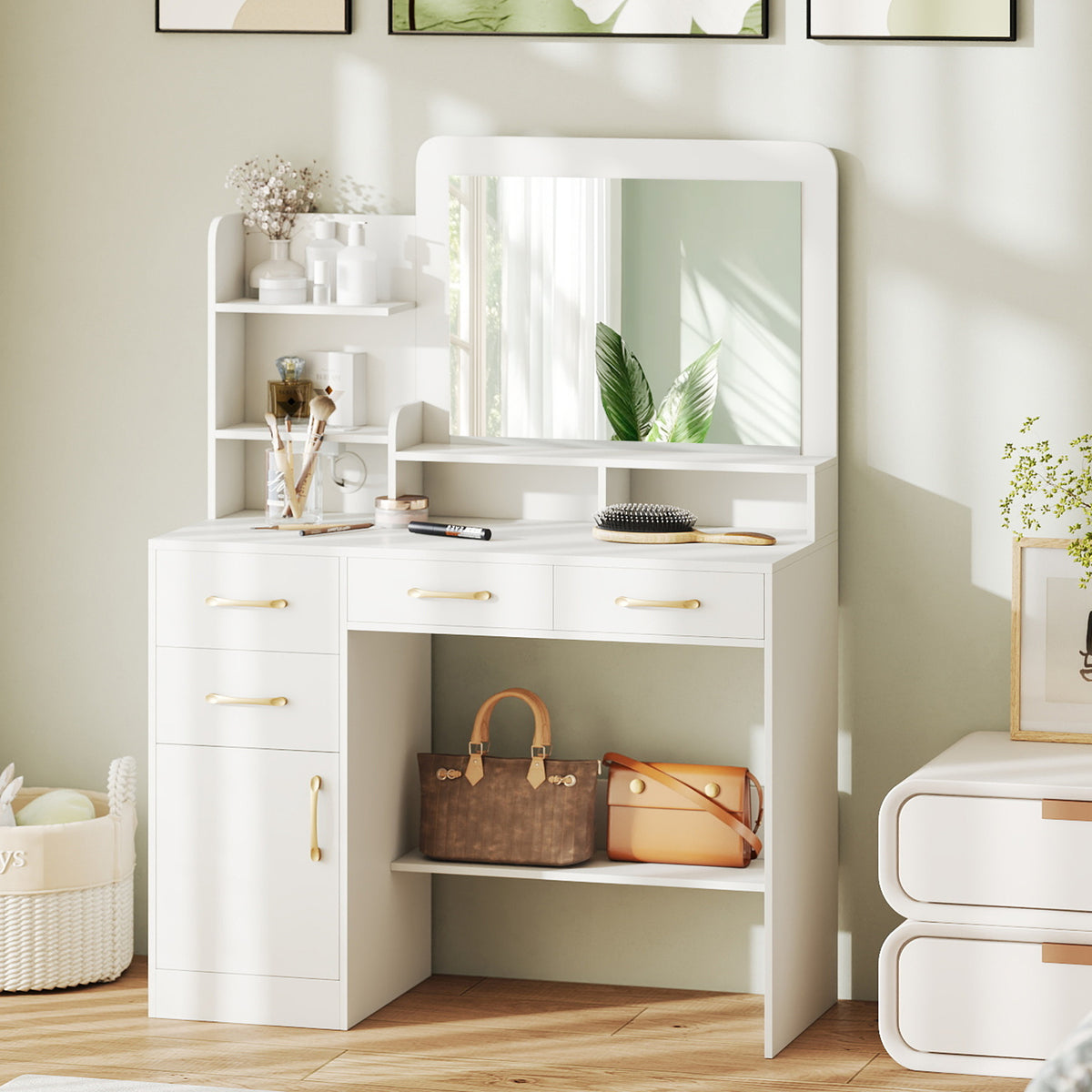 39.5 Inch Vanity Desk with Power Outlets & Mirror - White Variation