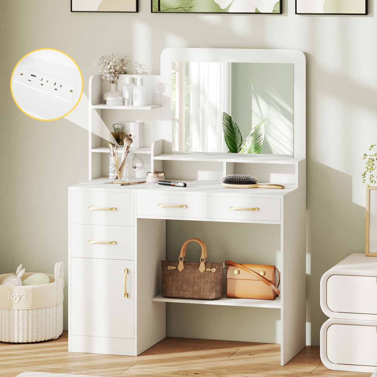 39.5 Inch Vanity Desk with Power Outlets & Mirror - White Variation