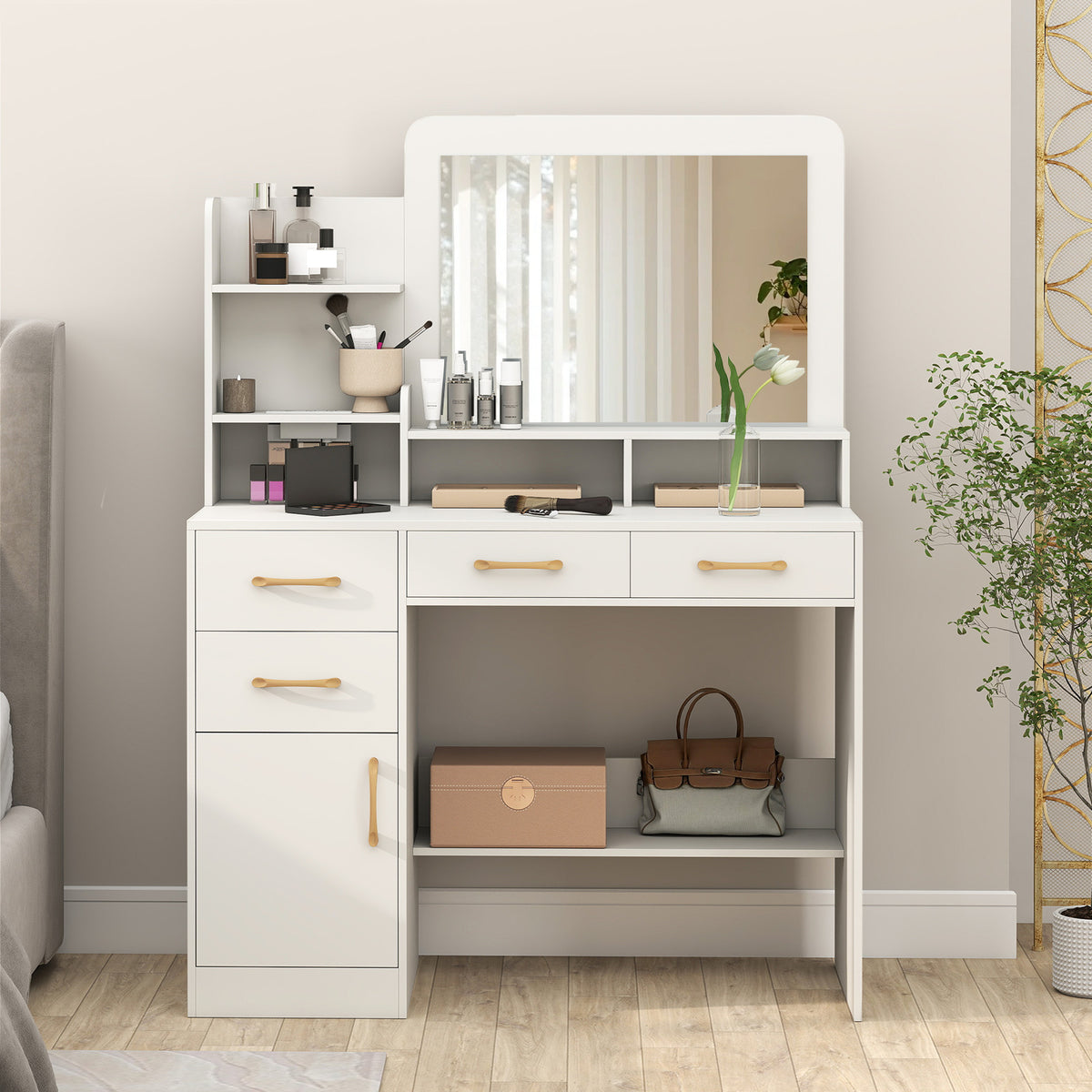 39.5 Inch Vanity Desk with Power Outlets & Mirror - White Variation