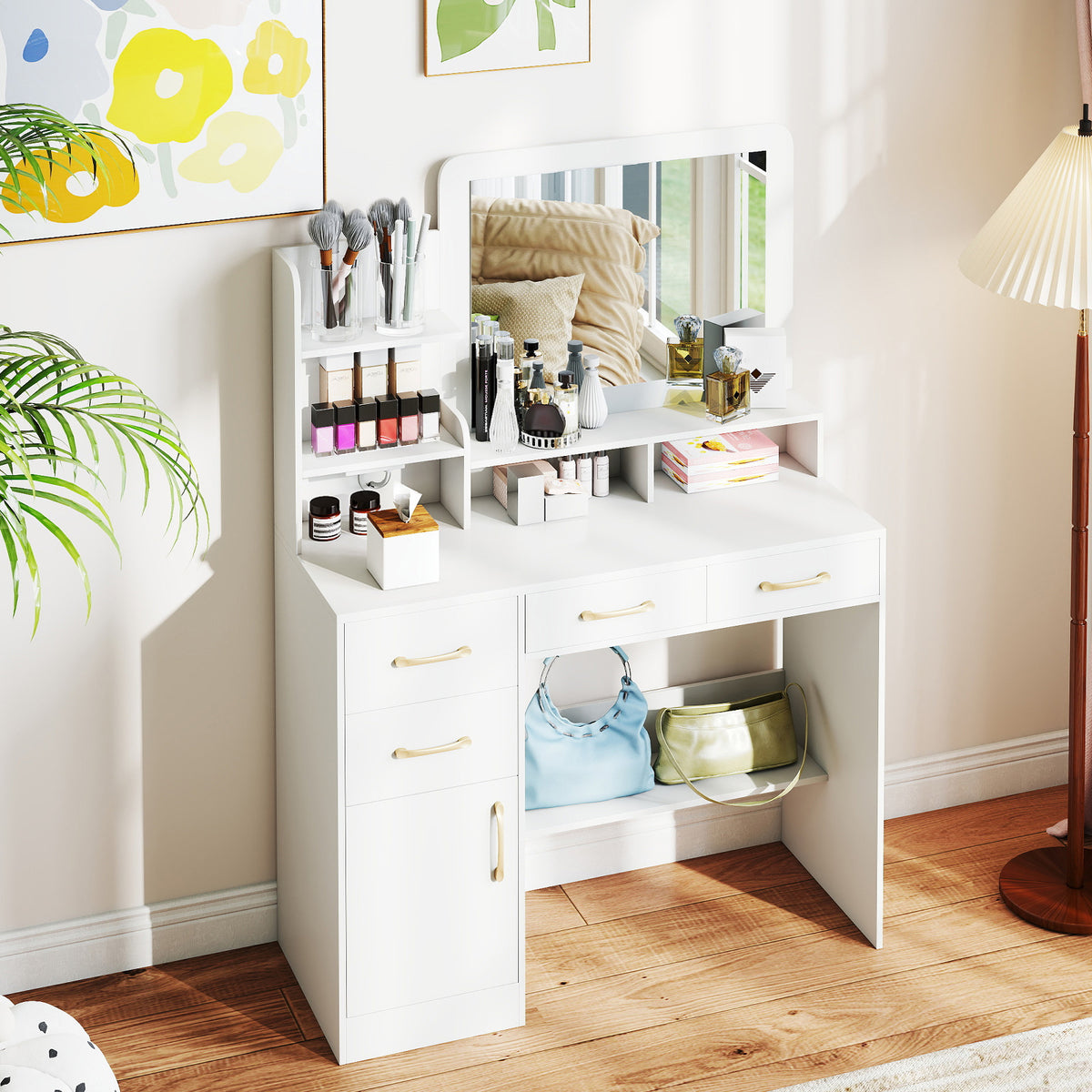 39.5 Inch Vanity Desk with Power Outlets & Mirror - White Variation
