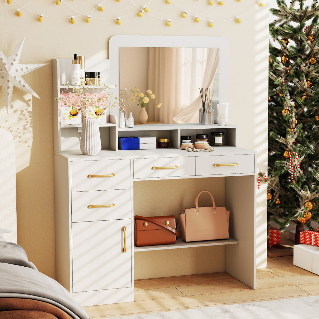 39.5 Inch Vanity Desk with Power Outlets & Mirror - White Variation