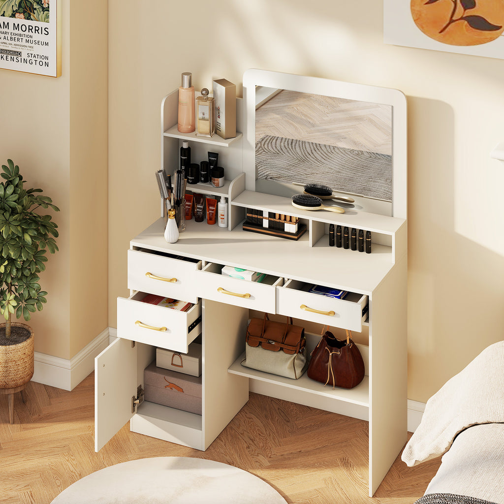 39.5 Inch Vanity Desk with Power Outlets & Mirror - White Variation