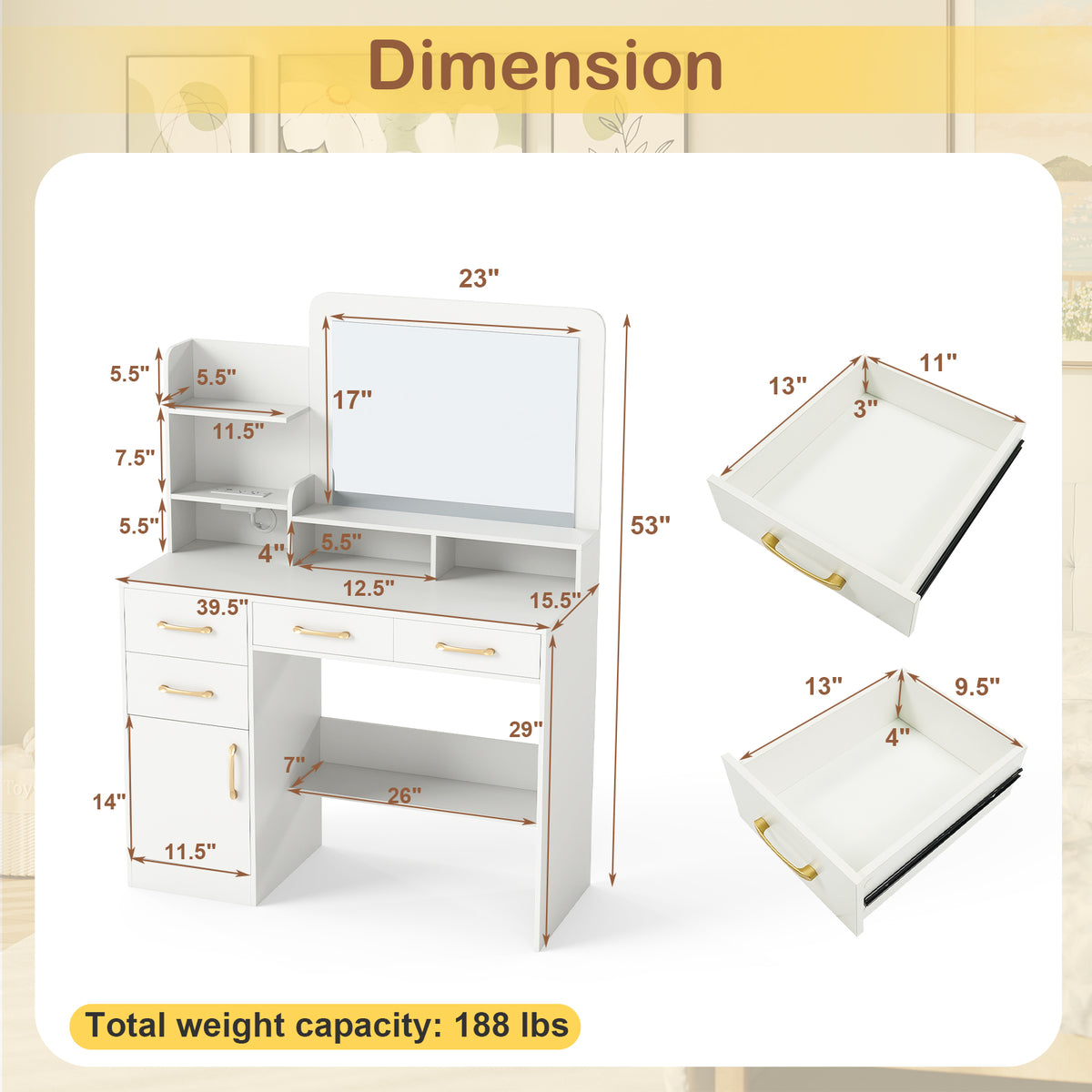 39.5 Inch Vanity Desk with Power Outlets & Mirror - White Variation