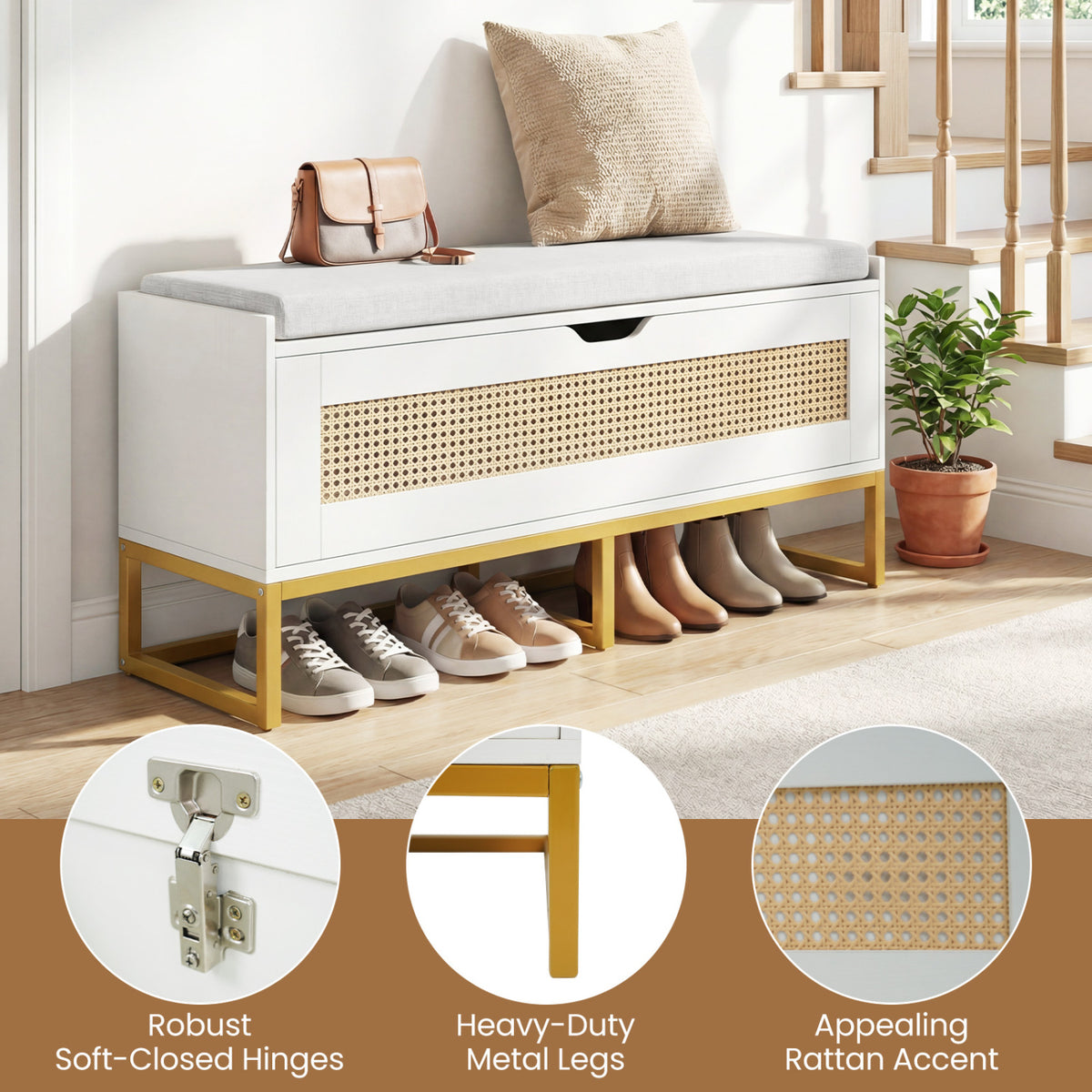 39.5" Rattan Storage Chest Wicker Shoe Bench with Padded Seat Flip-Top