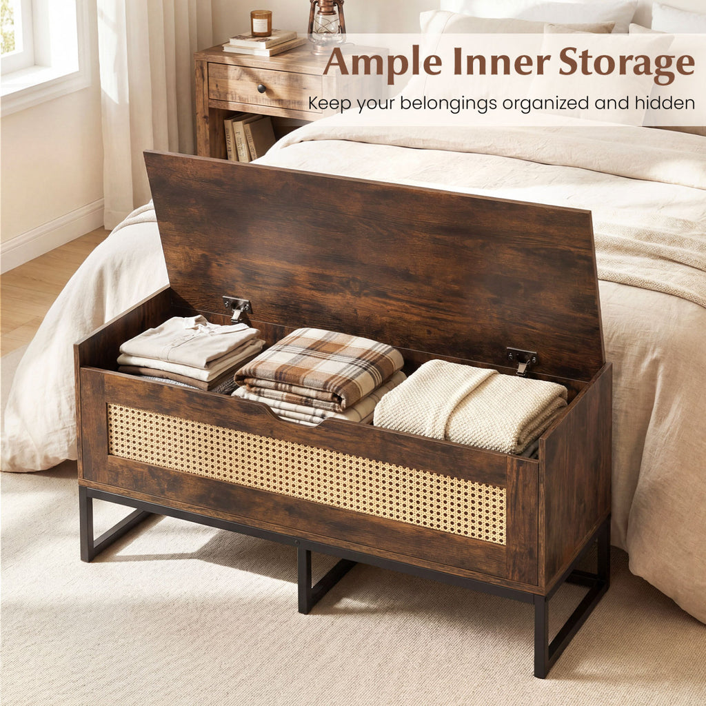 39.5" Rattan Storage Chest with Padded Seat, Rustic Brown