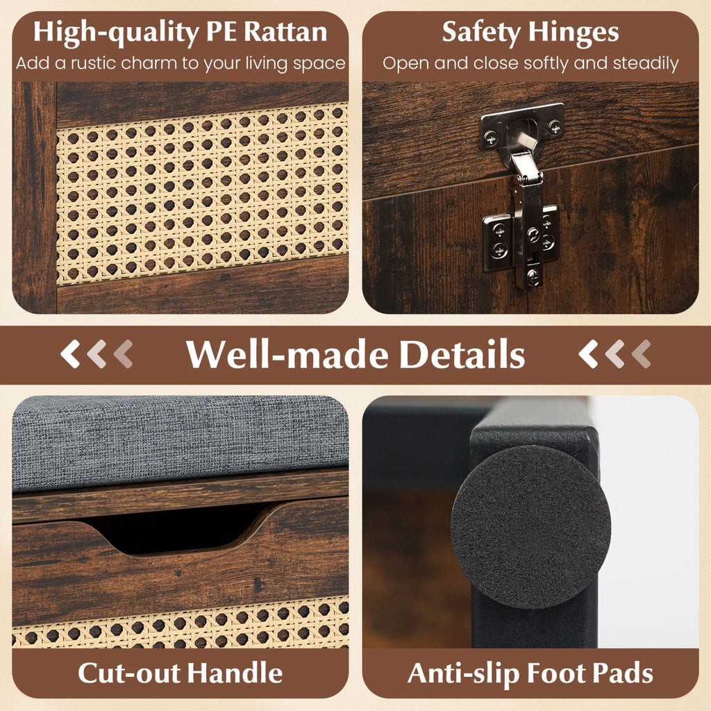 39.5" Rattan Storage Chest with Padded Seat, Rustic Brown