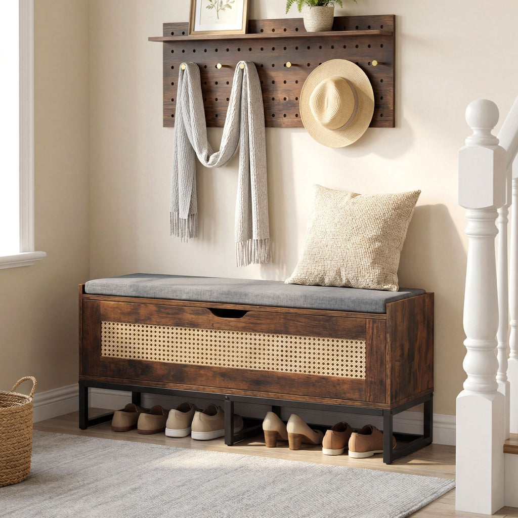 39.5" Rattan Storage Chest with Padded Seat, Rustic Brown