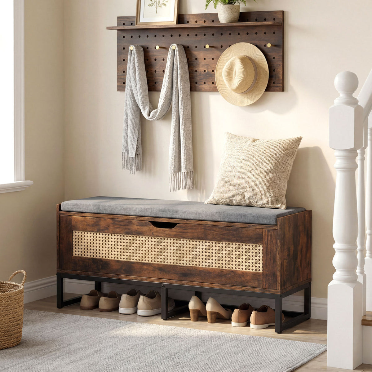 39.5" Rattan Storage Chest with Padded Seat, Rustic Brown