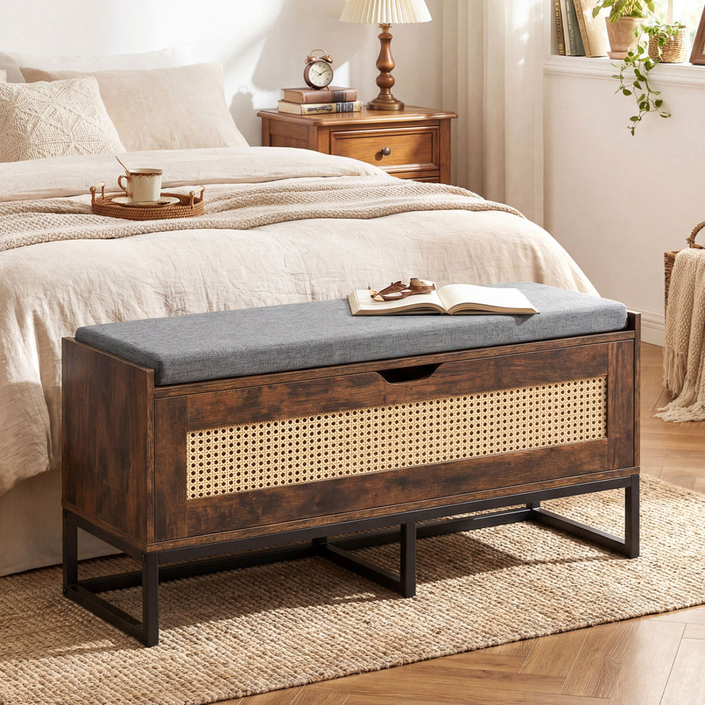 39.5" Rattan Storage Chest with Padded Seat, Rustic Brown