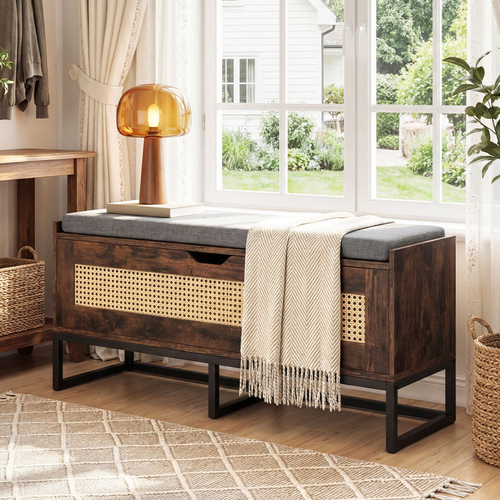 39.5" Rattan Storage Chest with Padded Seat, Rustic Brown