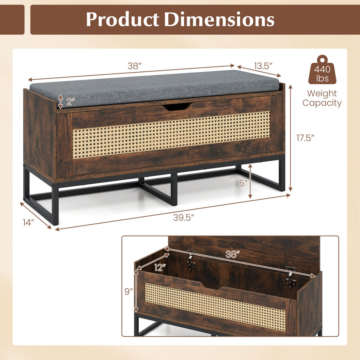 39.5" Rattan Storage Chest with Padded Seat, Rustic Brown