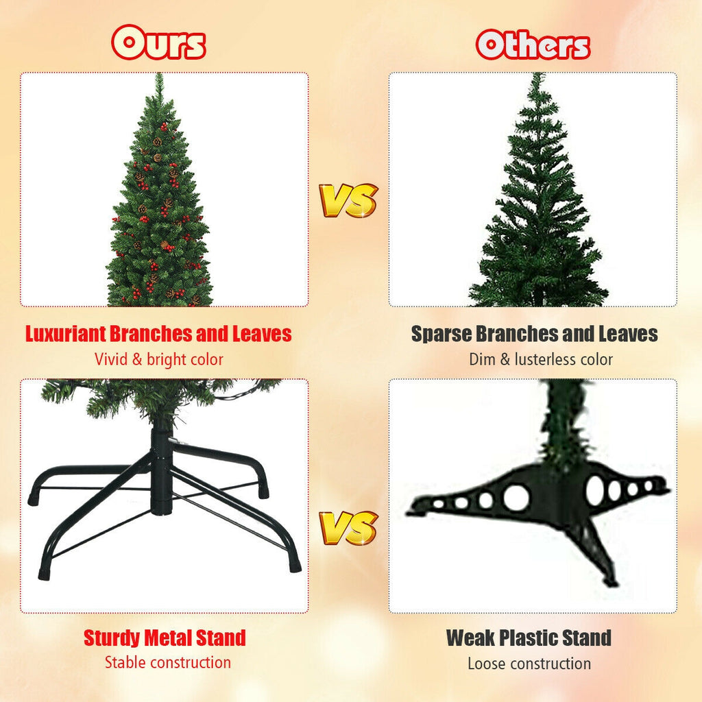 7.5 Ft Pre-Lit Slim Christmas Tree with Pine Cones & Red Berries
