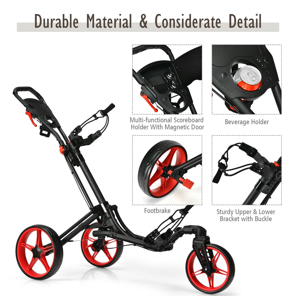 Red 3 Wheel Folding Golf Push Cart with Scoreboard & Adjustable Handle