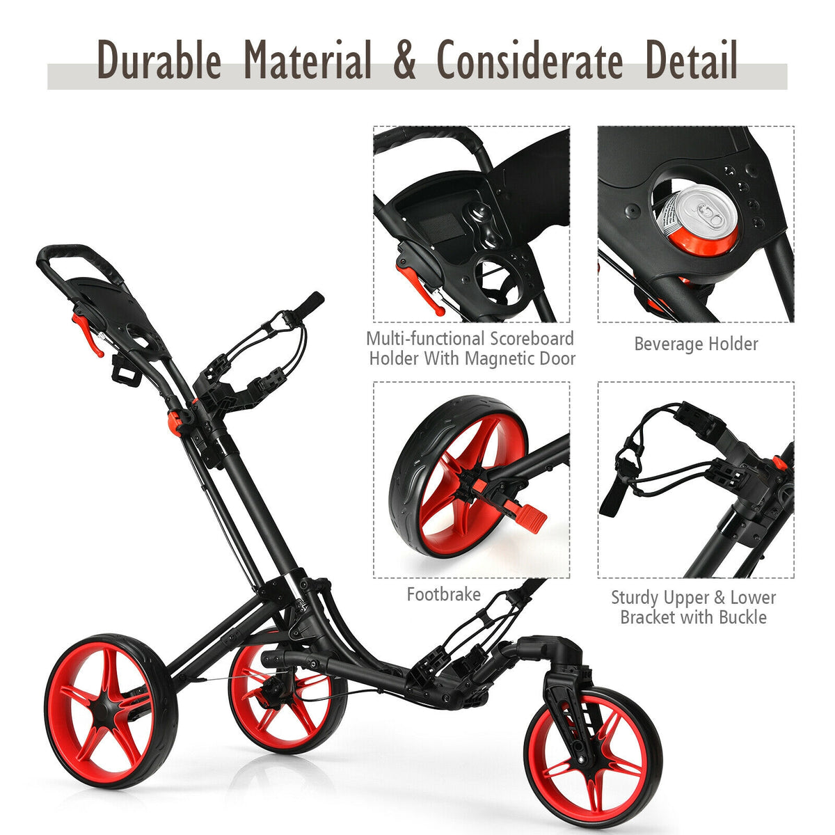 Red 3 Wheel Folding Golf Push Cart with Scoreboard & Adjustable Handle