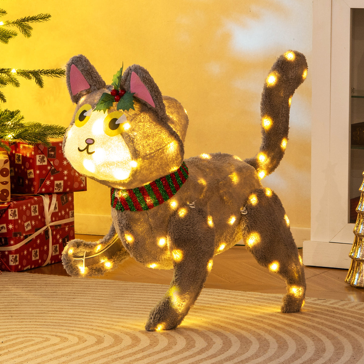 Pre-Lit LED Cat Decoration Light - 88 Warm White Lights, Waterproof Outdoor Display