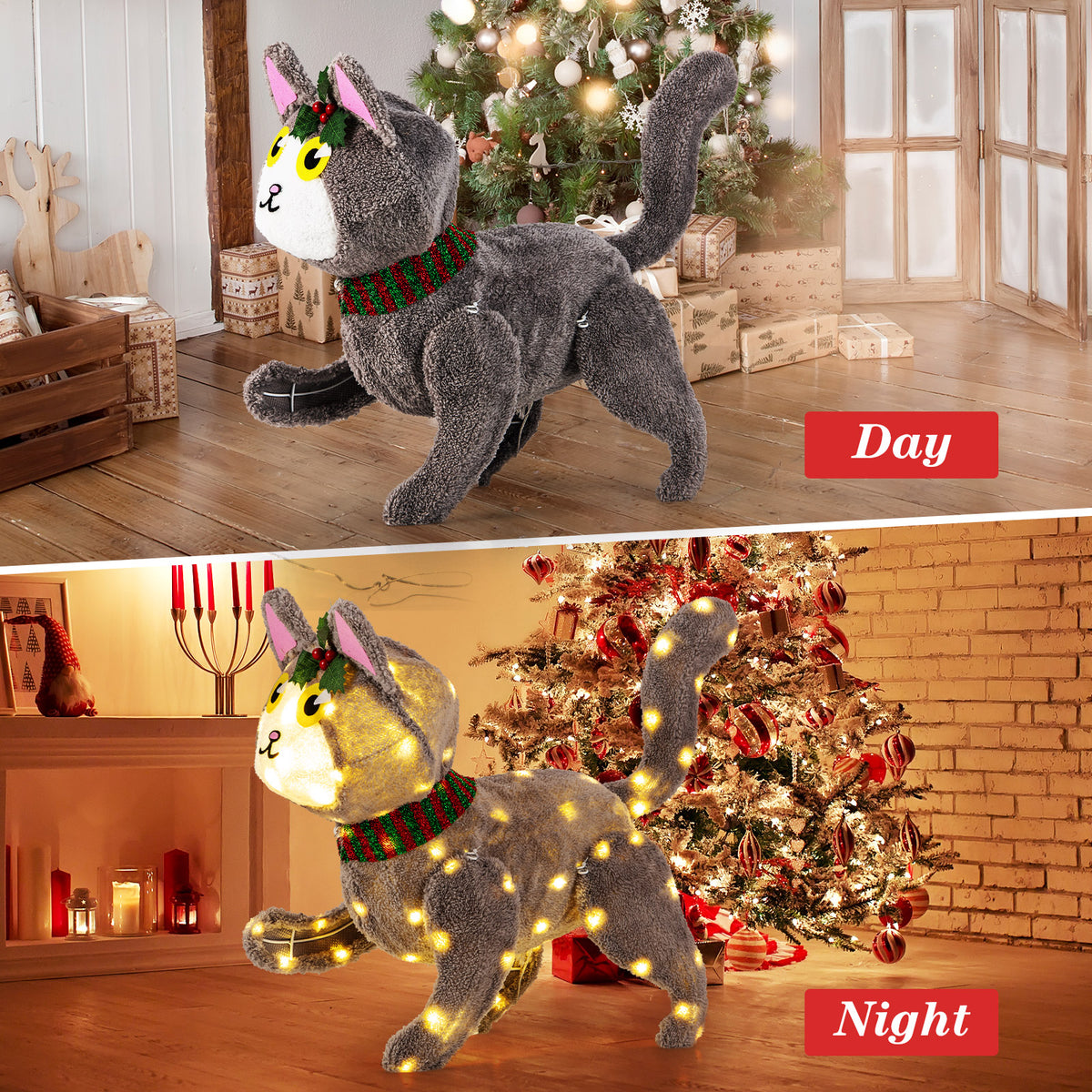 Pre-Lit LED Cat Decoration Light - 88 Warm White Lights, Waterproof Outdoor Display