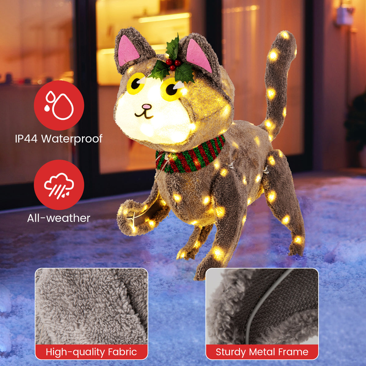Pre-Lit LED Cat Decoration Light - 88 Warm White Lights, Waterproof Outdoor Display