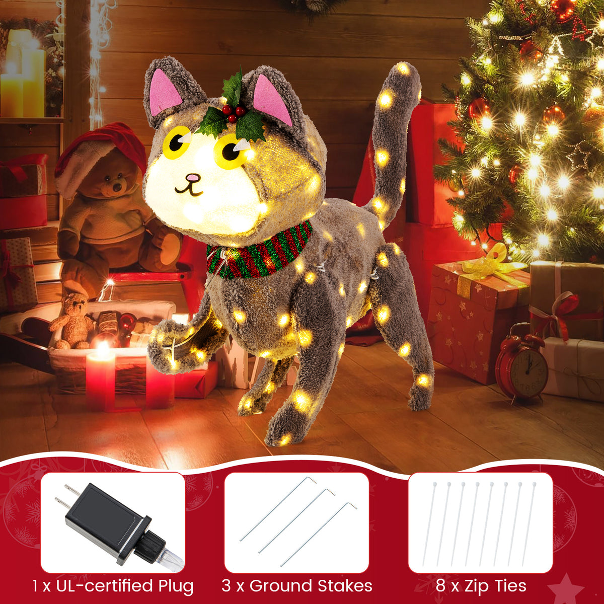 Pre-Lit LED Cat Decoration Light - 88 Warm White Lights, Waterproof Outdoor Display
