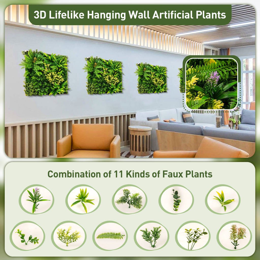 Indoor Outdoor Faux Greenery Hedge with 11 Types of Imitation Plants - 20x20 Inches, Hanging Artificial Plant Wall Panel - Variation of 11 Types of Imitation Plants
