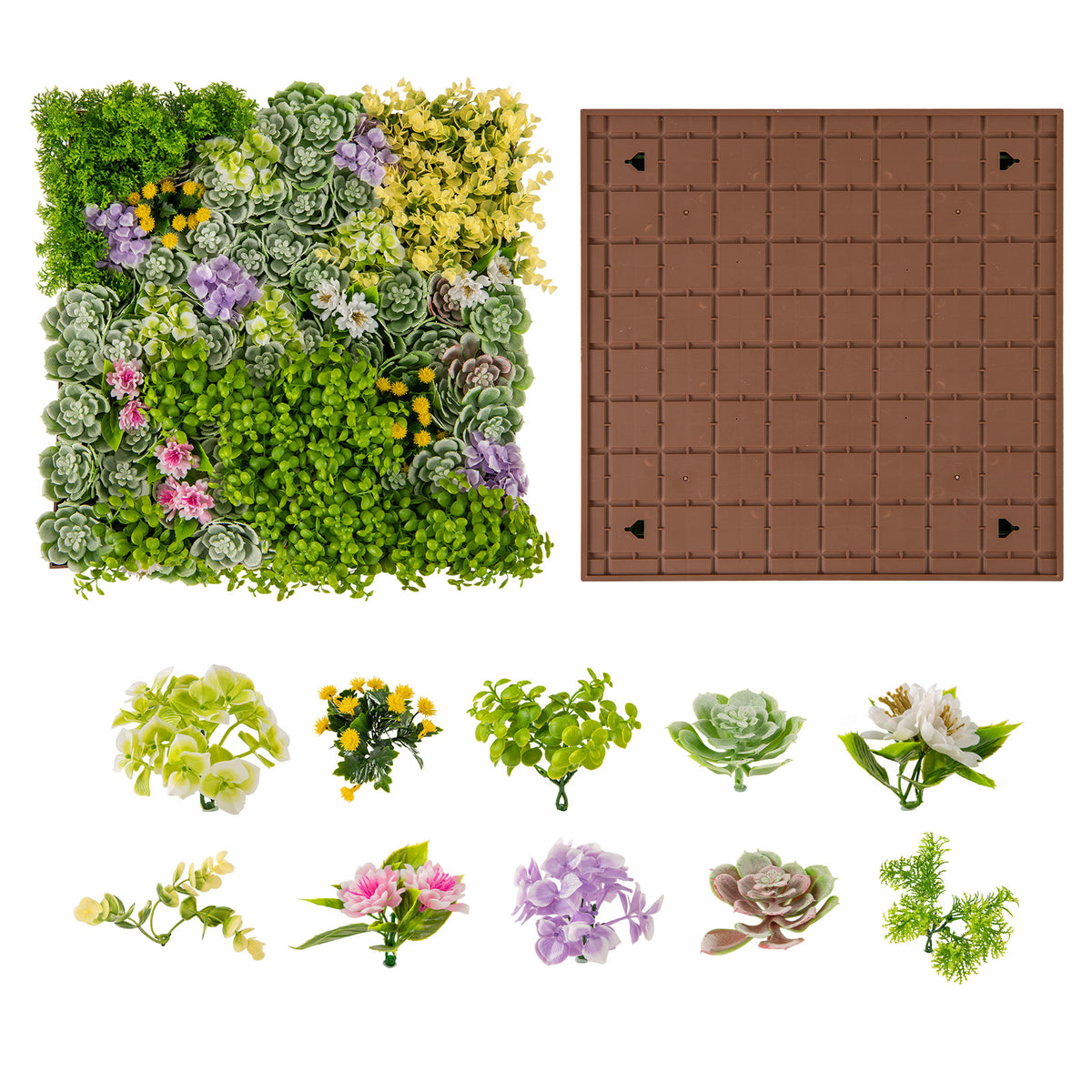 Indoor Outdoor Faux Greenery Hedge with 11 Types of Imitation Plants - 20x20 Inches, Hanging Artificial Plant Wall Panel - Variation of 11 Types of Imitation Plants