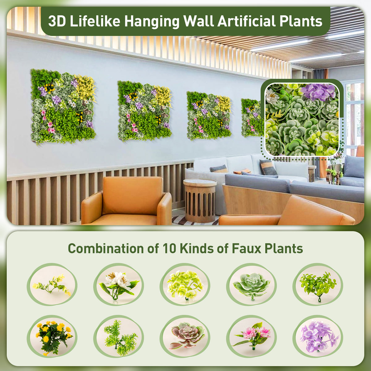 20x20 Inch Faux Succulents Hanging Planter with 10 Plant Types for Balcony & Home - Variation of 10 Types of Imitation Plants