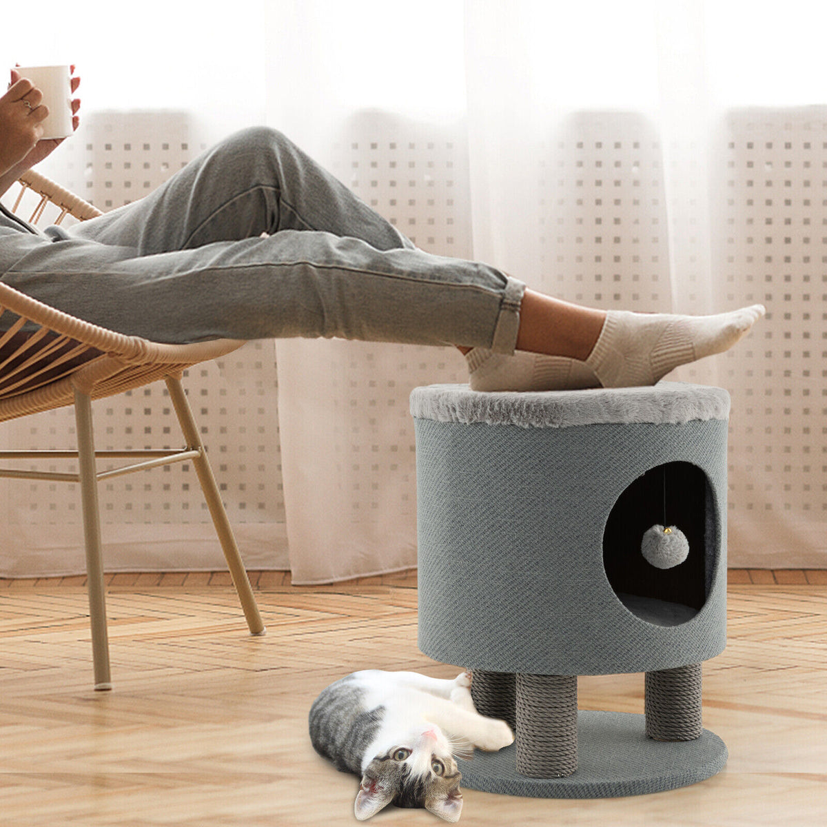 3-in-1 Cat Condo Stool with Scratching Posts & Plush Ball Toy - Gray