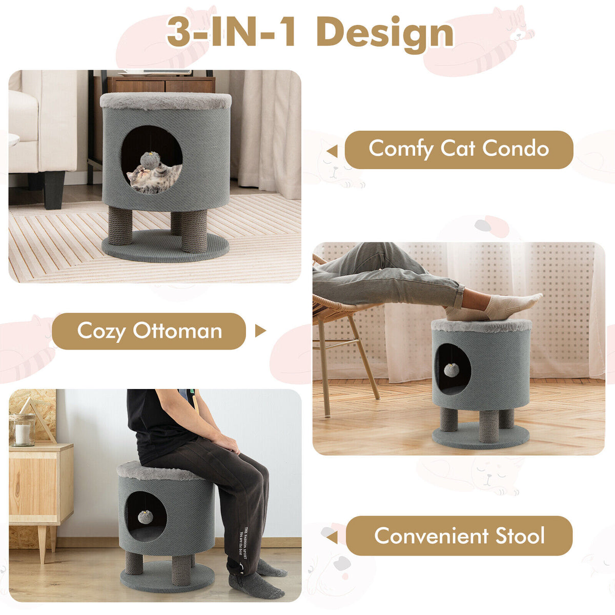 3-in-1 Cat Condo Stool with Scratching Posts & Plush Ball Toy - Gray