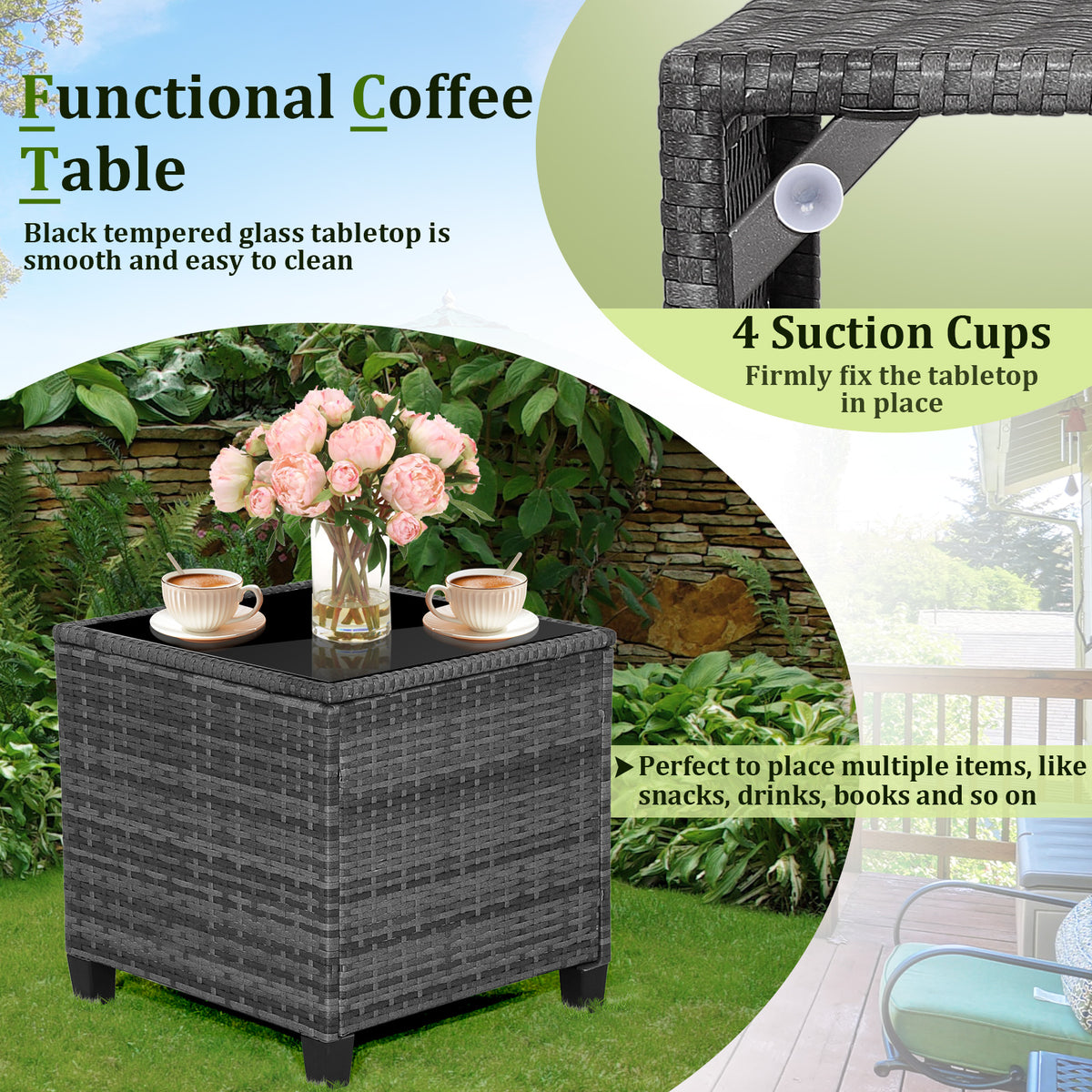 3 Pieces Outdoor Wicker Conversation Set with Tempered Glass Tabletop