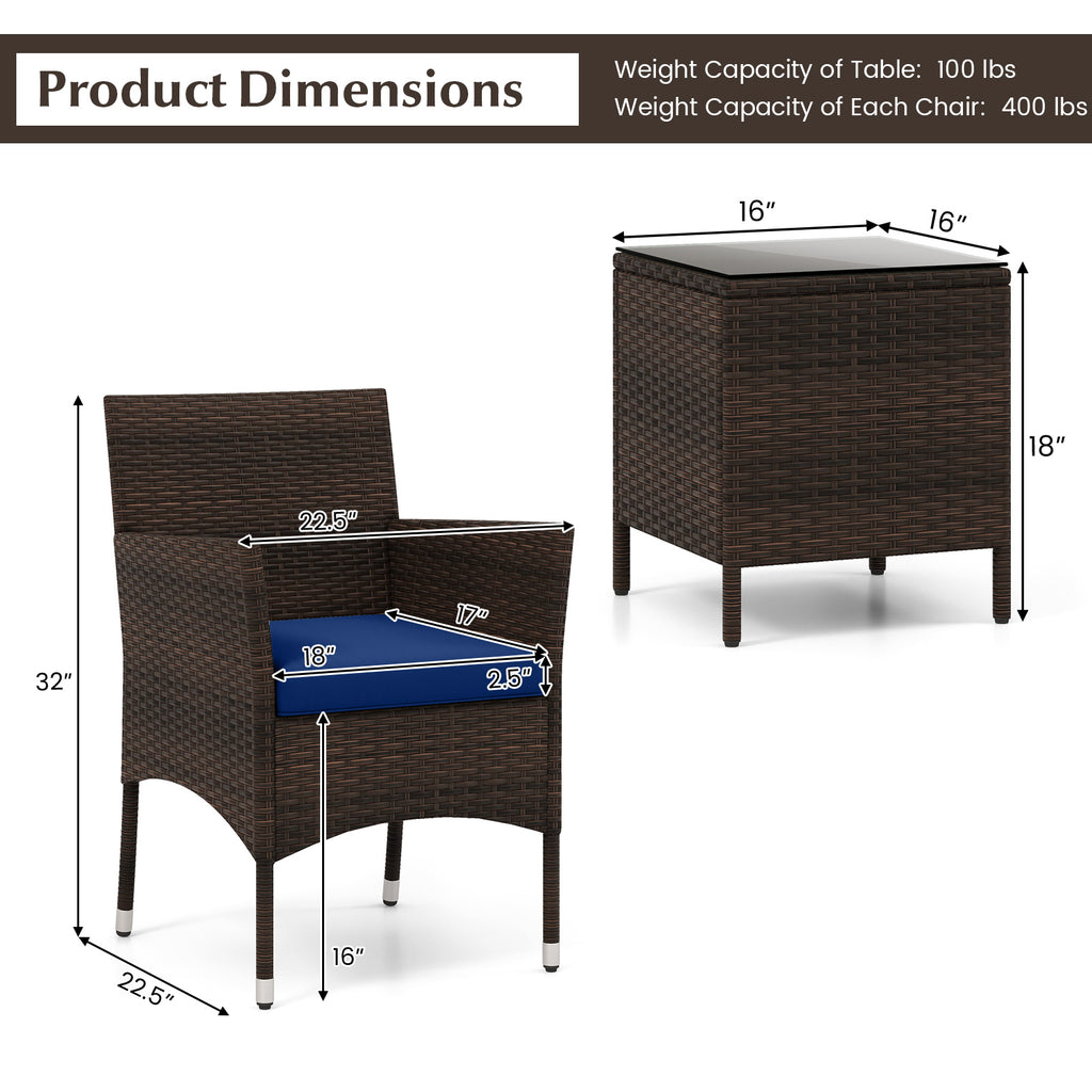 3 Pieces Outdoor Conversation Set with Cushioned Seat and Glass