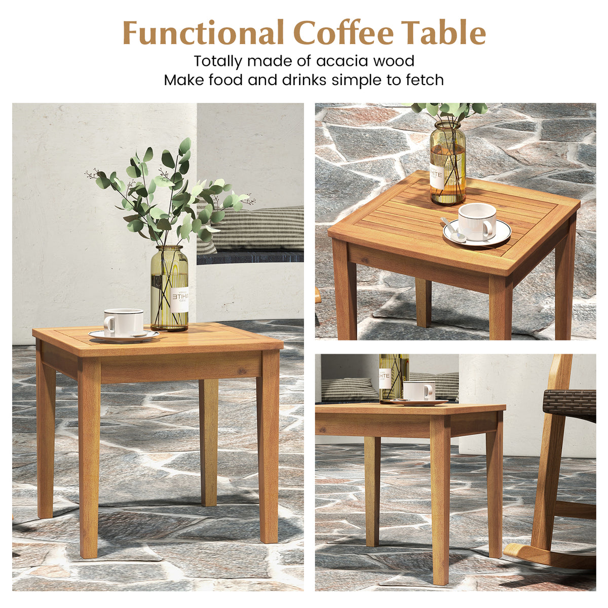 3 Pieces Acacia Wood Patio Rocking Chair Set with Side Table