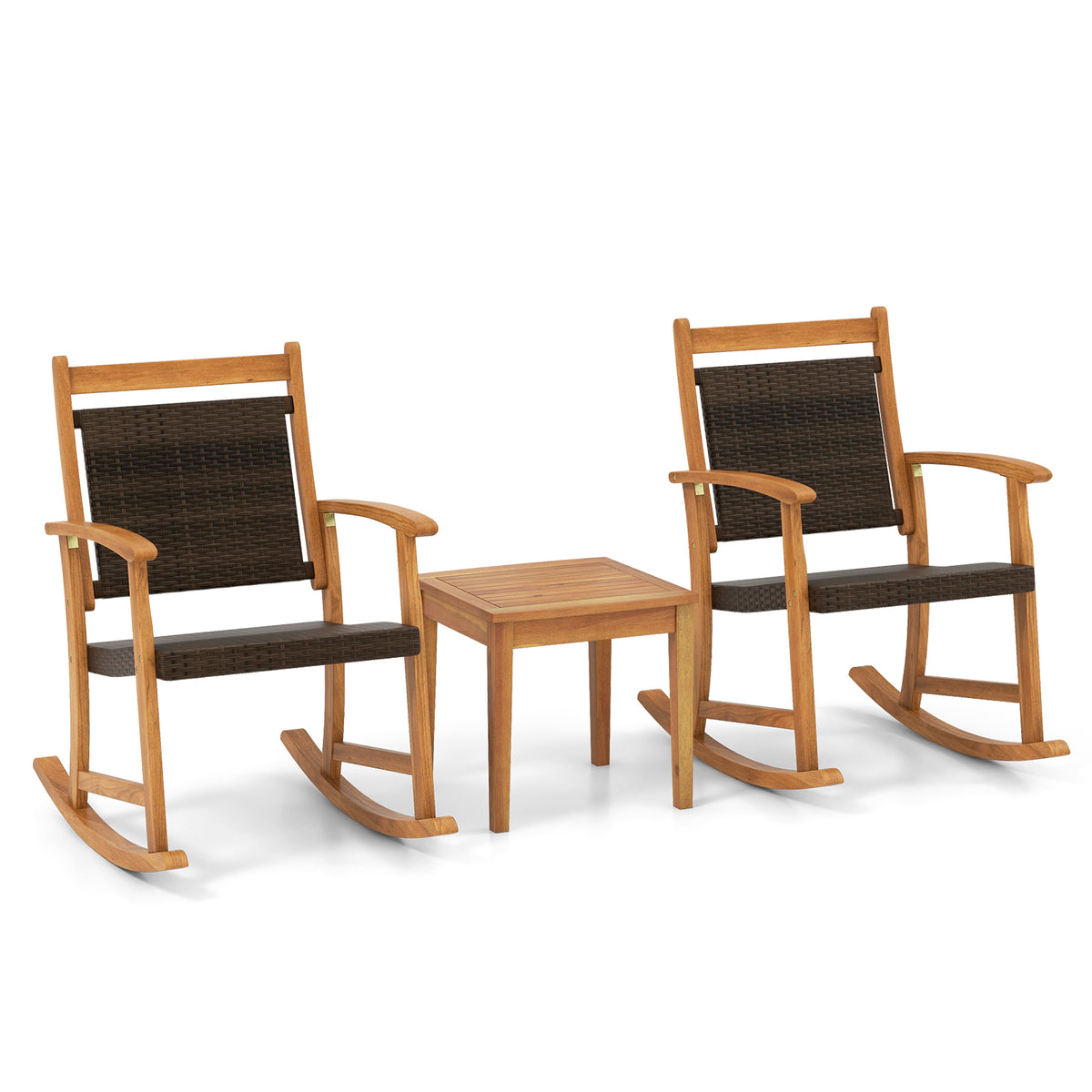 3 Pieces Rattan Bistro Set - Acacia Wood Patio Furniture