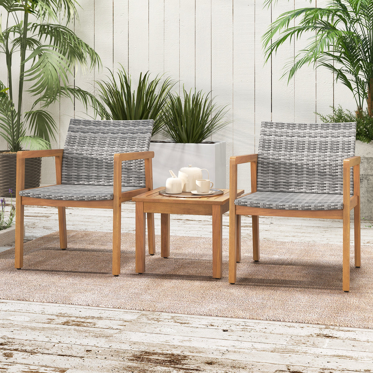 Acacia Wood Patio Furniture Set with Rattan Chairs - 3 Pieces