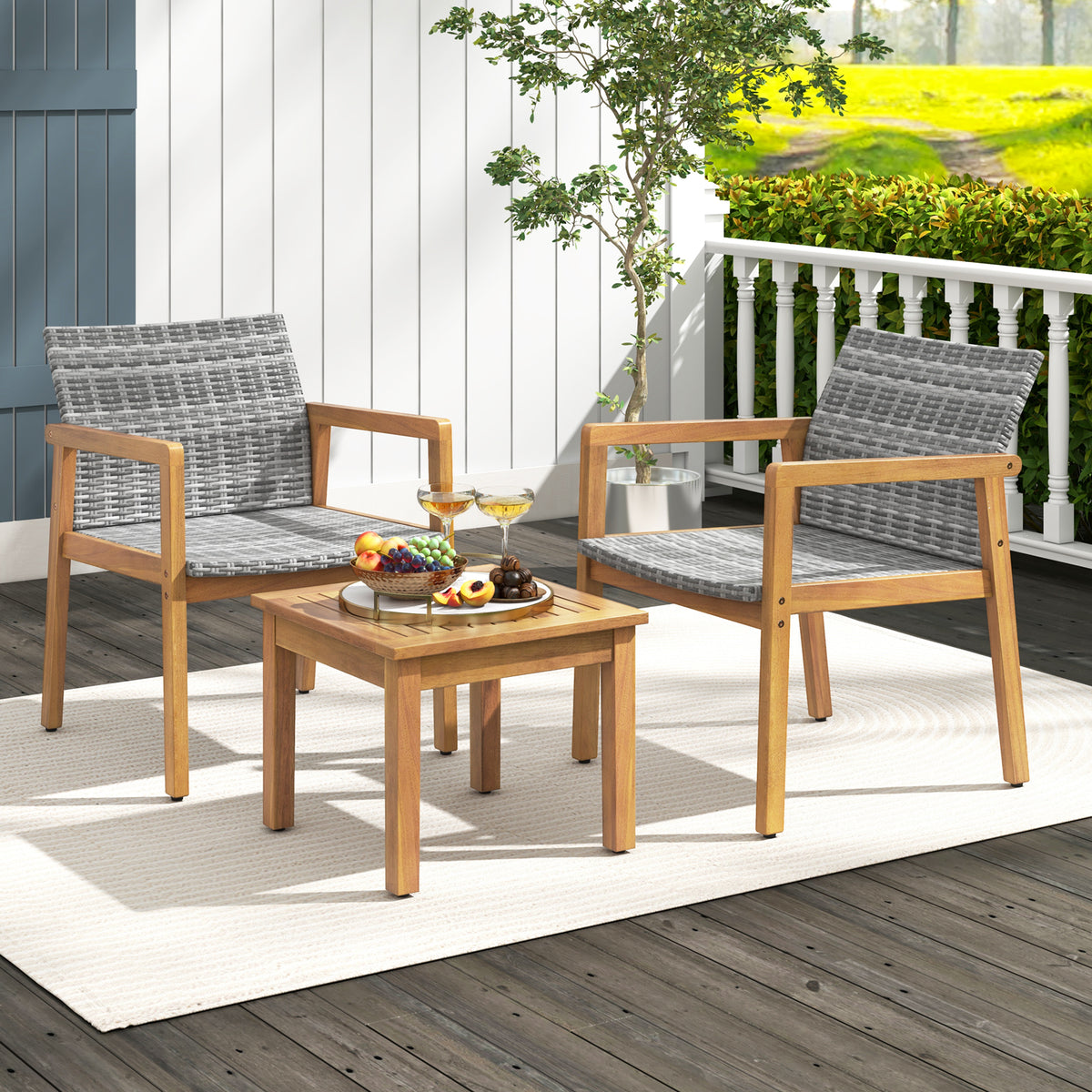 Acacia Wood Patio Furniture Set with Rattan Chairs - 3 Pieces