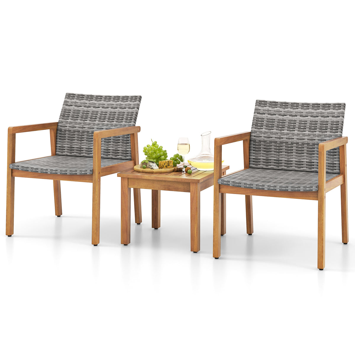 Acacia Wood Patio Furniture Set with Rattan Chairs - 3 Pieces
