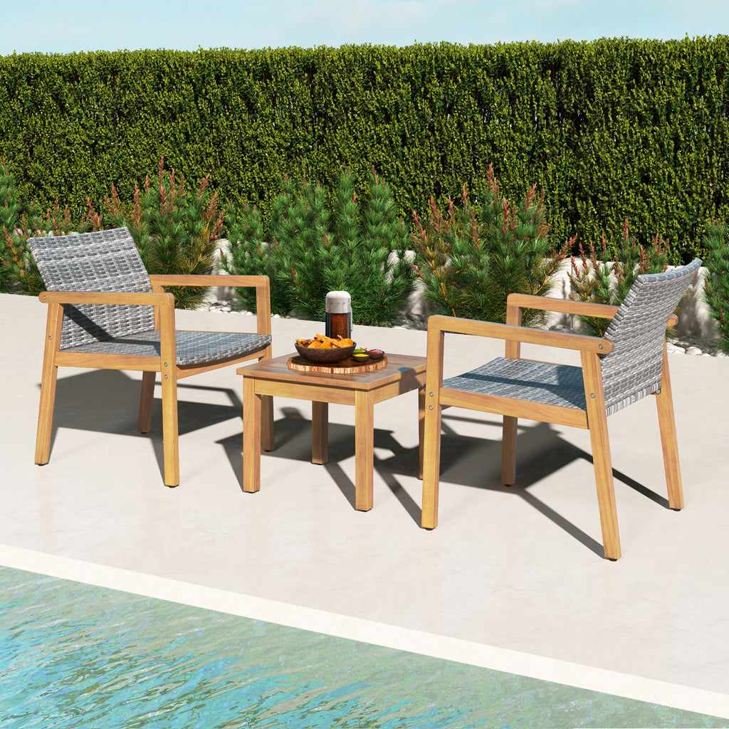 Acacia Wood Patio Furniture Set with Rattan Chairs - 3 Pieces