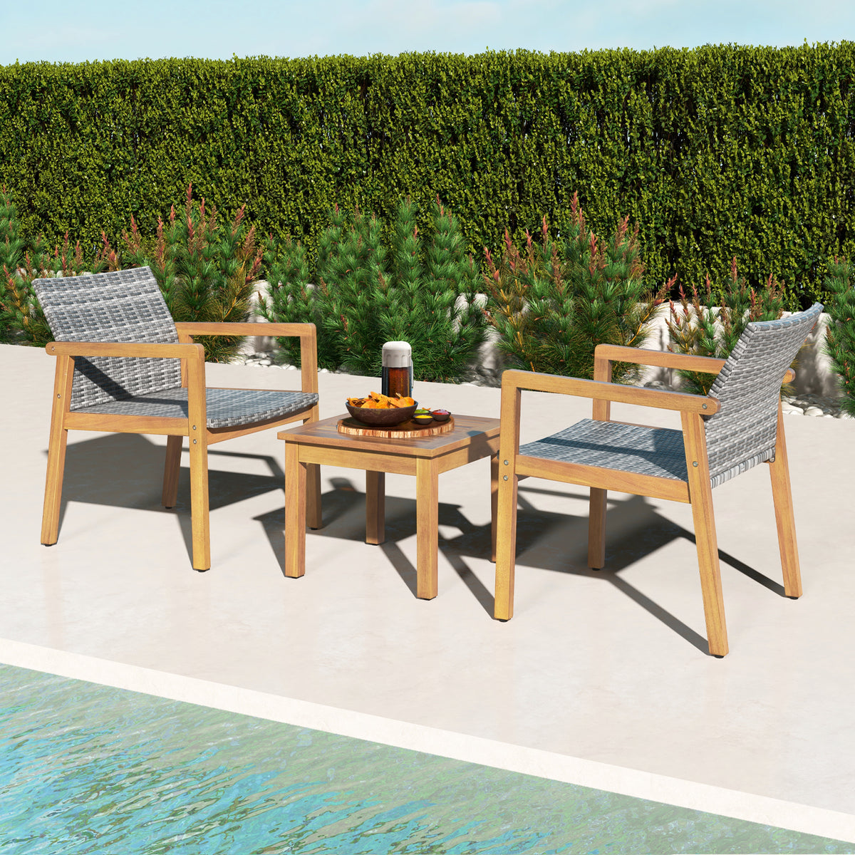 Acacia Wood Patio Furniture Set with Rattan Chairs - 3 Pieces