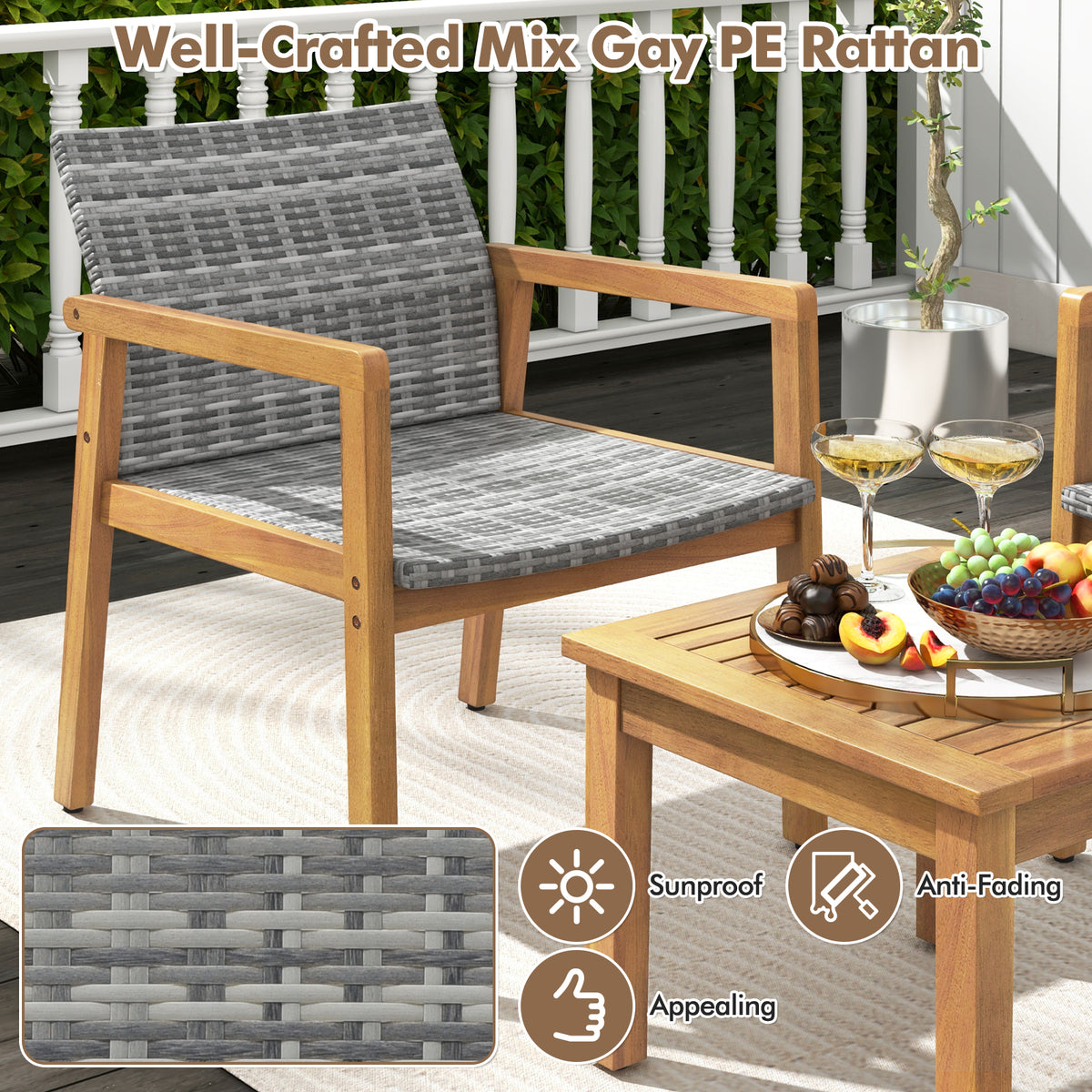 Acacia Wood Patio Furniture Set with Rattan Chairs - 3 Pieces