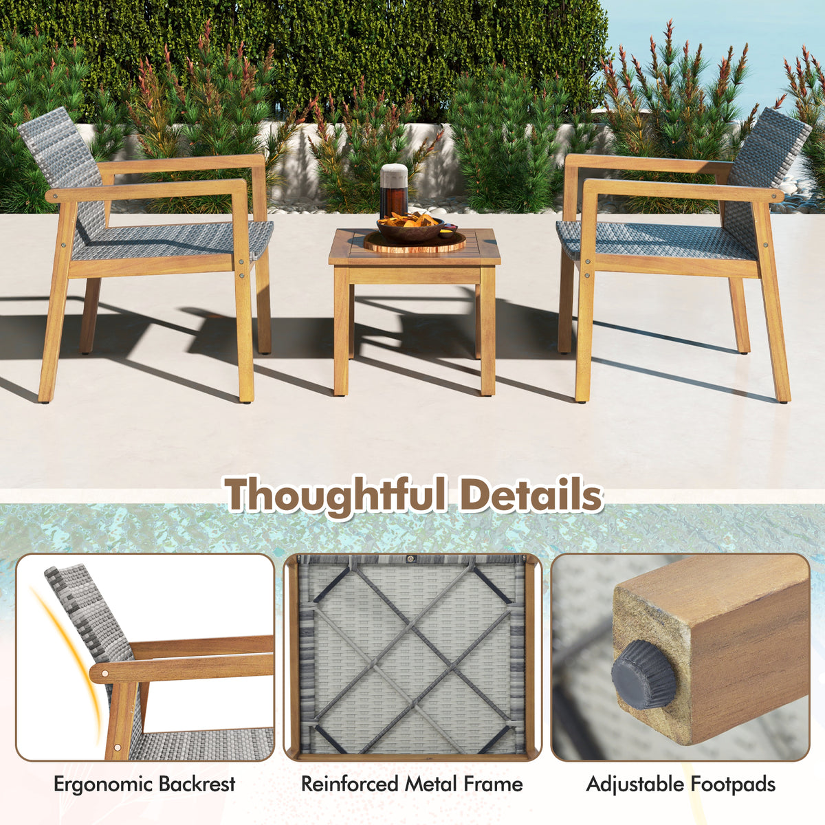 Acacia Wood Patio Furniture Set with Rattan Chairs - 3 Pieces