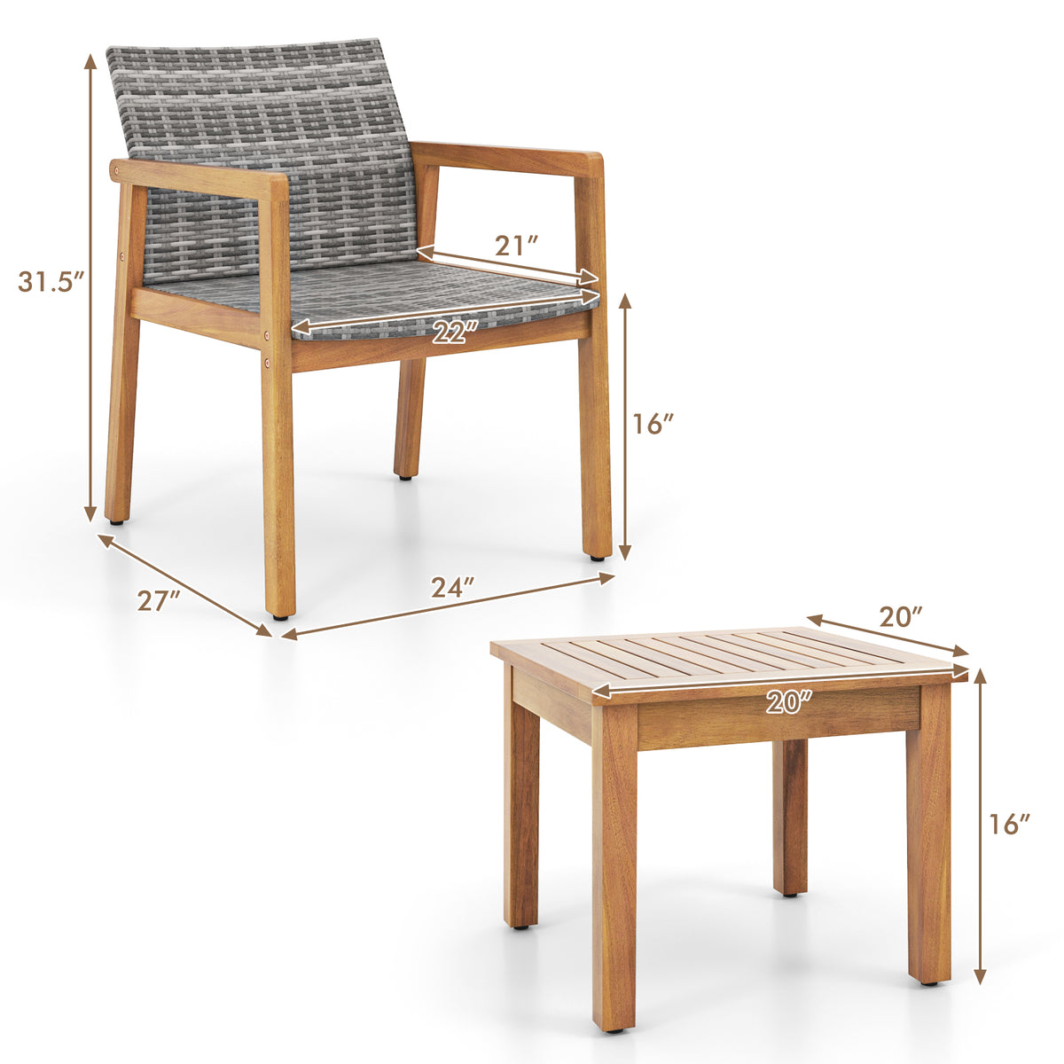 Acacia Wood Patio Furniture Set with Rattan Chairs - 3 Pieces