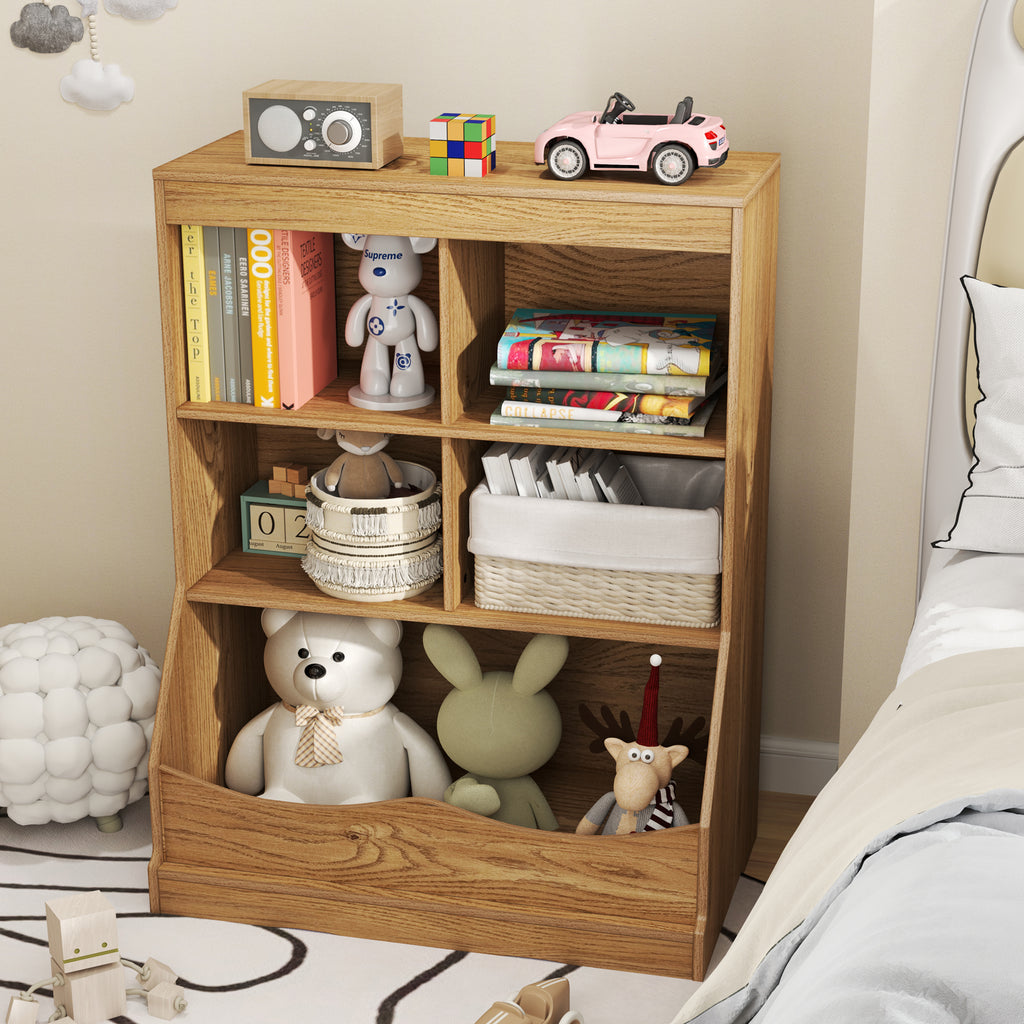 Kids Multi-Functional Bookcase with 5 Open Storage Compartments - Natural Finish