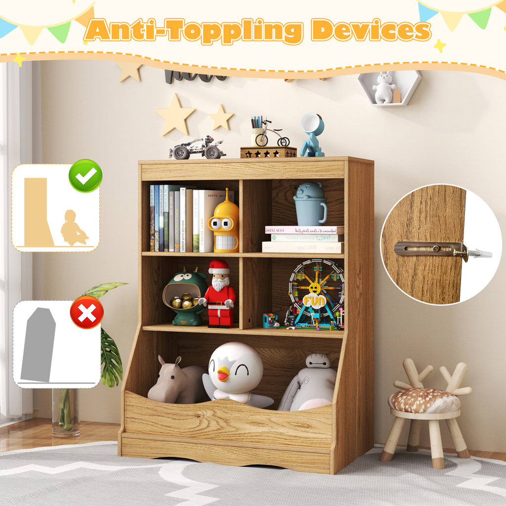 Kids Multi-Functional Bookcase with 5 Open Storage Compartments - Natural Finish