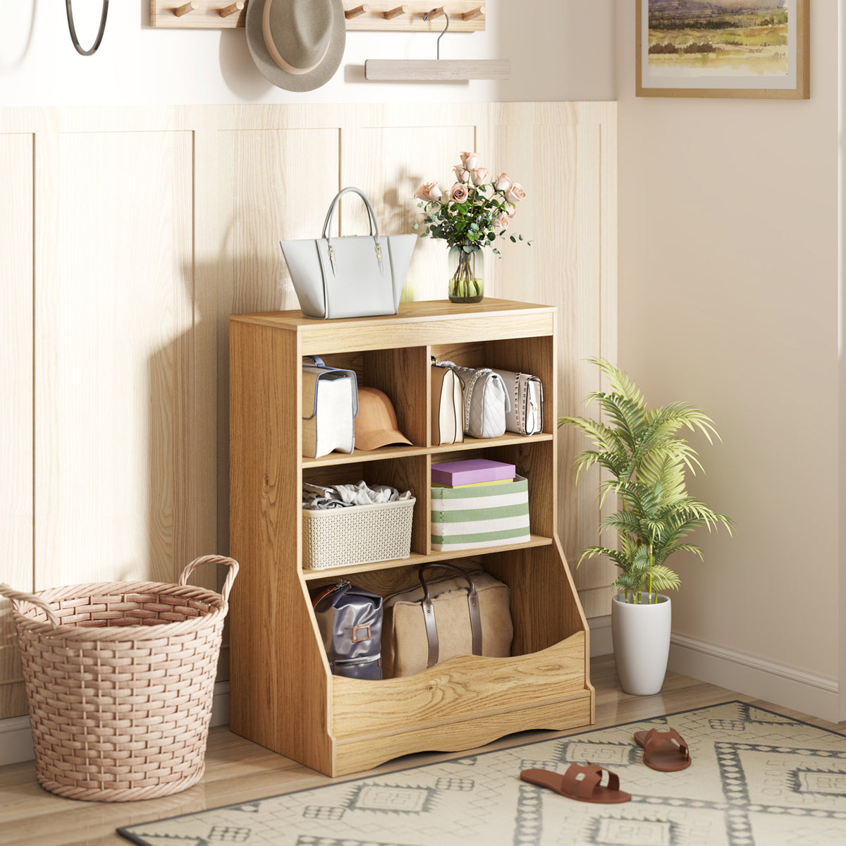Kids Multi-Functional Bookcase with 5 Open Storage Compartments - Natural Finish