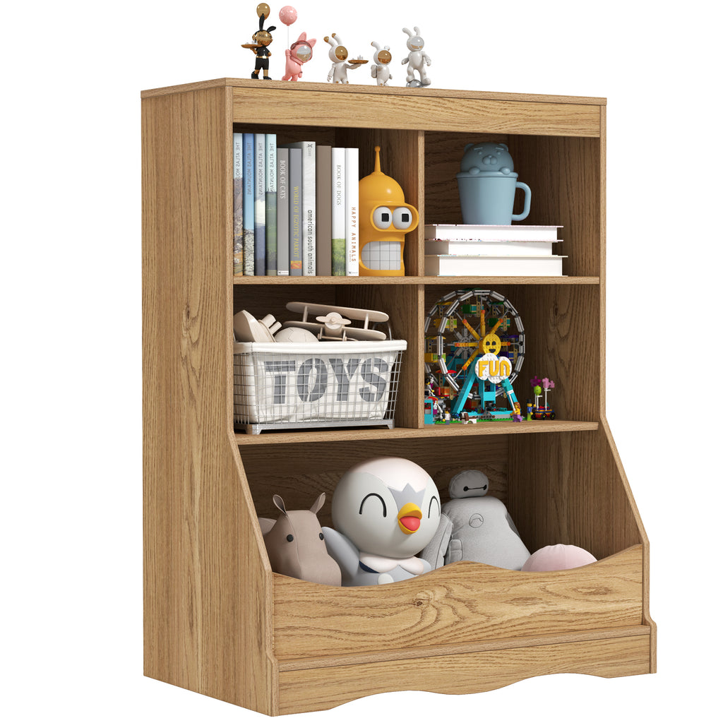 Kids Multi-Functional Bookcase with 5 Open Storage Compartments - Natural Finish