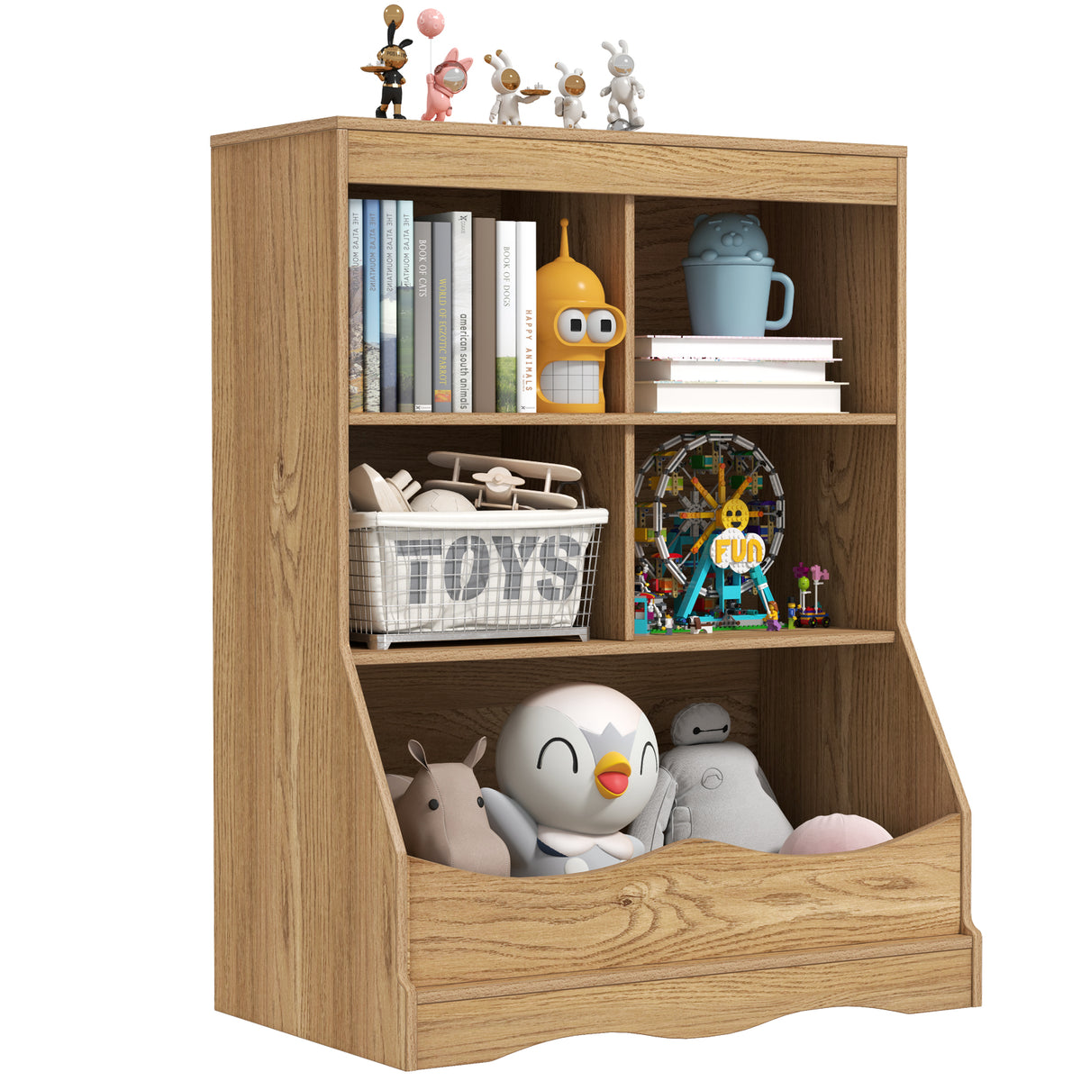 Kids Multi-Functional Bookcase with 5 Open Storage Compartments - Natural Finish