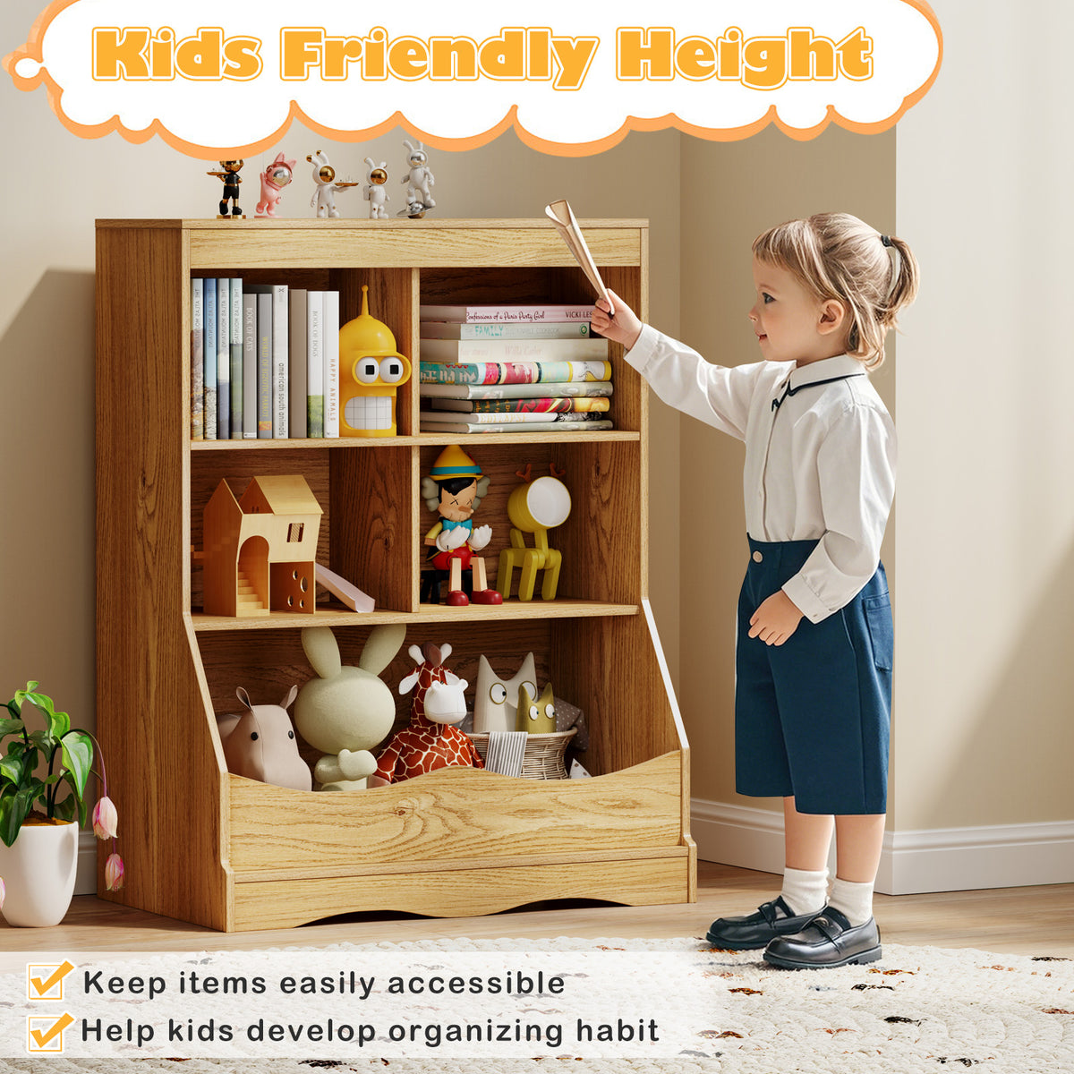 Kids Multi-Functional Bookcase with 5 Open Storage Compartments - Natural Finish
