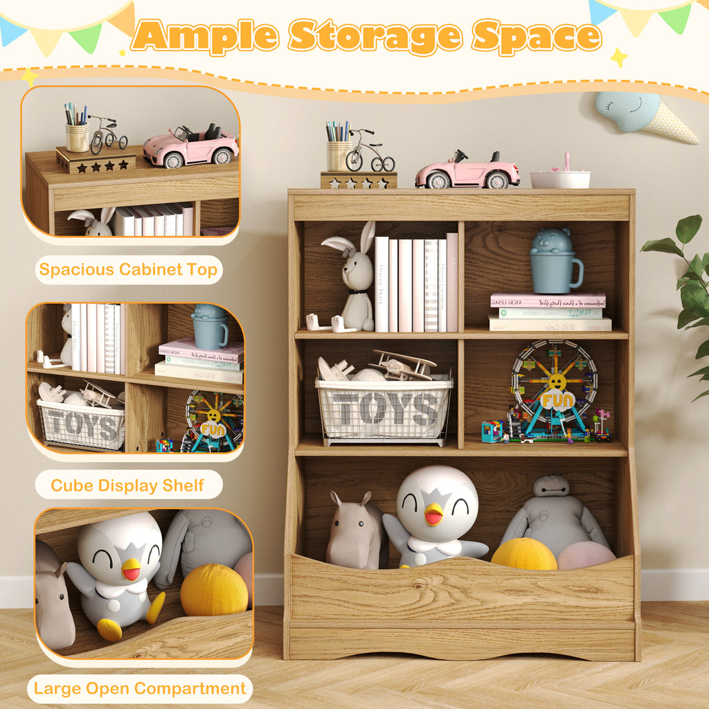 Kids Multi-Functional Bookcase with 5 Open Storage Compartments - Natural Finish