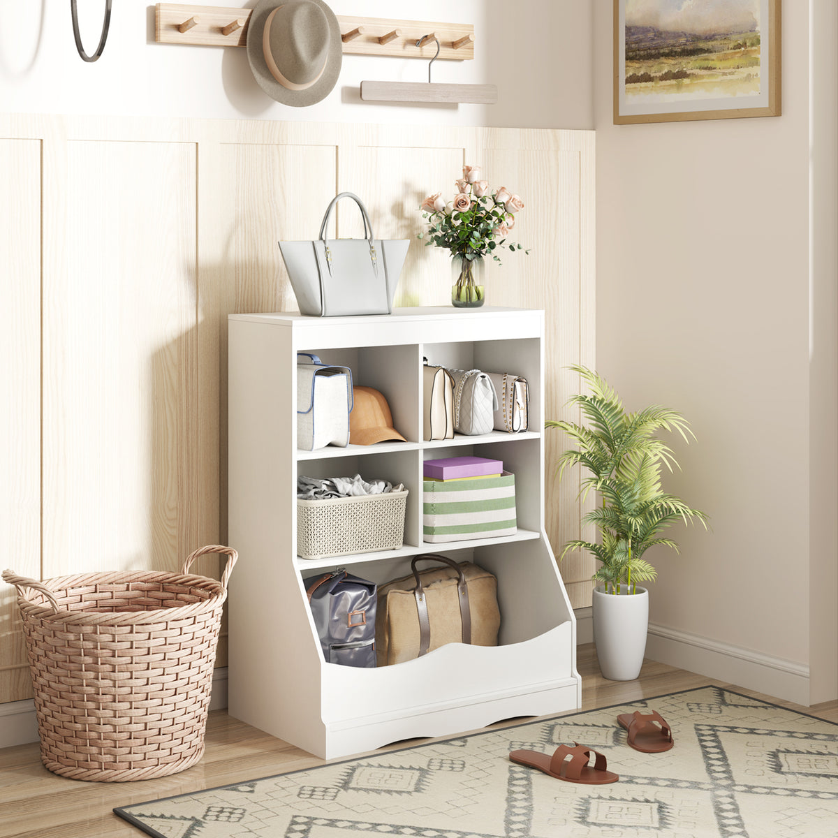 Kids Bookcase with 5 Open Storage Compartments - White, 3-Tier Multi-Functional Storage Unit